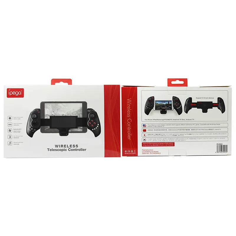 Black telescopic wireless game controller extended holding a mobile phone