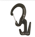 Small black aluminium rope tightening mechanism with attached carabiner clip for securing loads.
