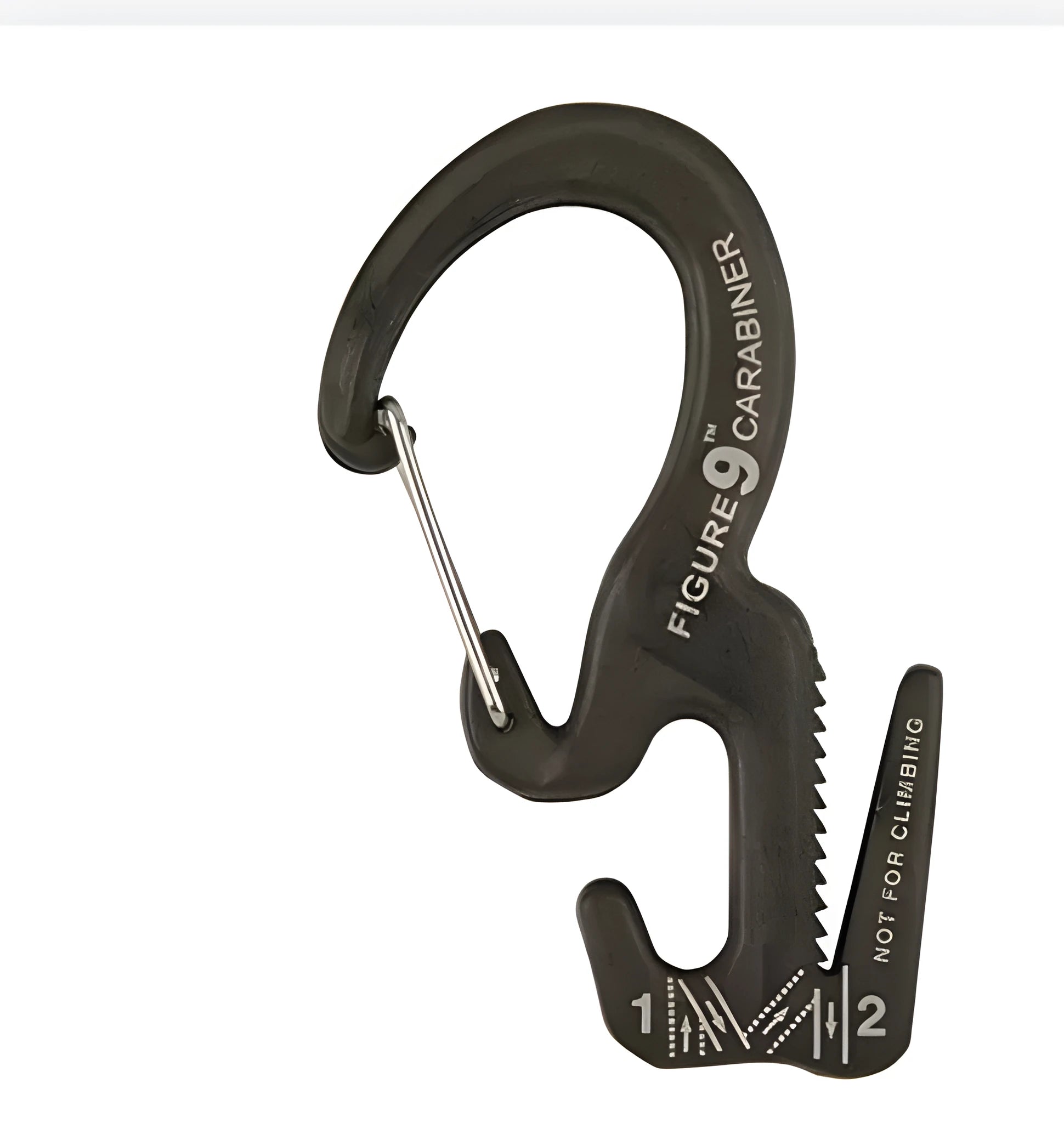 Small black aluminium rope tightening mechanism with attached carabiner clip for securing loads.