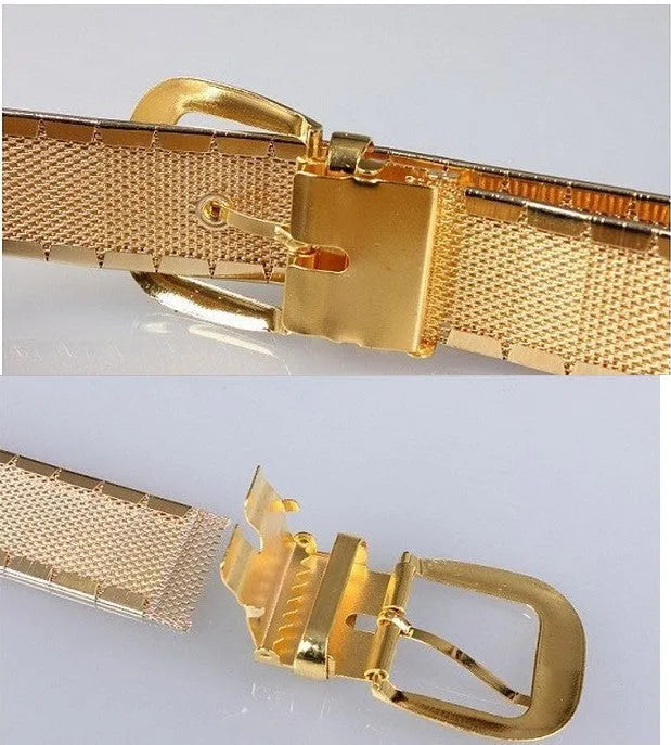 Shiny metallic belt shown in black, gold, and silver for parties and evening wear
