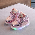 Children's LED light-up shoes with magic button in golden, pink or silvery colours, sizes 21-30cm