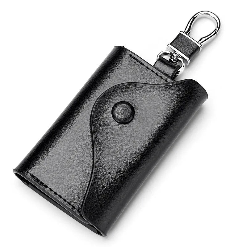 Genuine leather keychain card holder showing square vertical design and internal key organisation