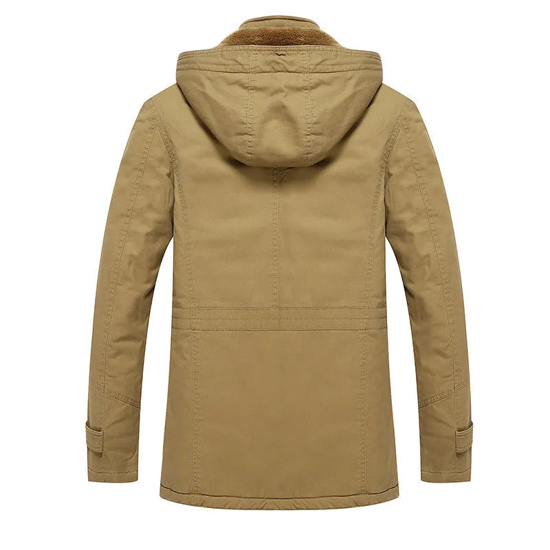 Men's fleece-lined cotton jacket in khaki, long sleeve, casual European style