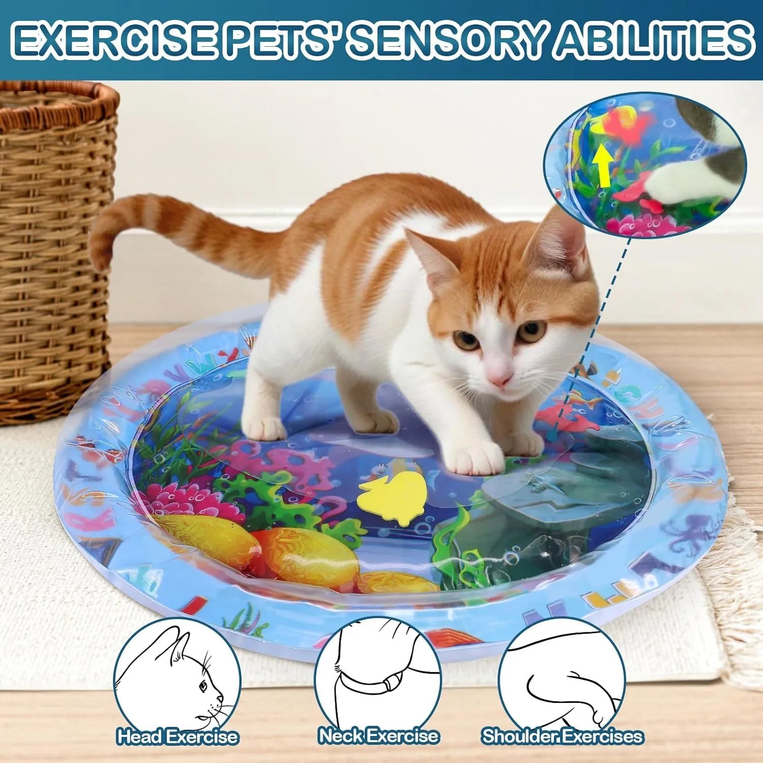 Square blue PVC water playmat for cats with floating fish toys inside, shown inflated on a floor.