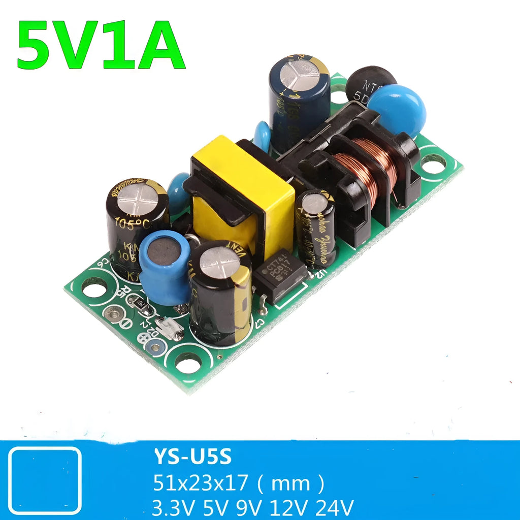 YS-U5S metal-cased switching power supply module for AC to DC conversion with 5V output.