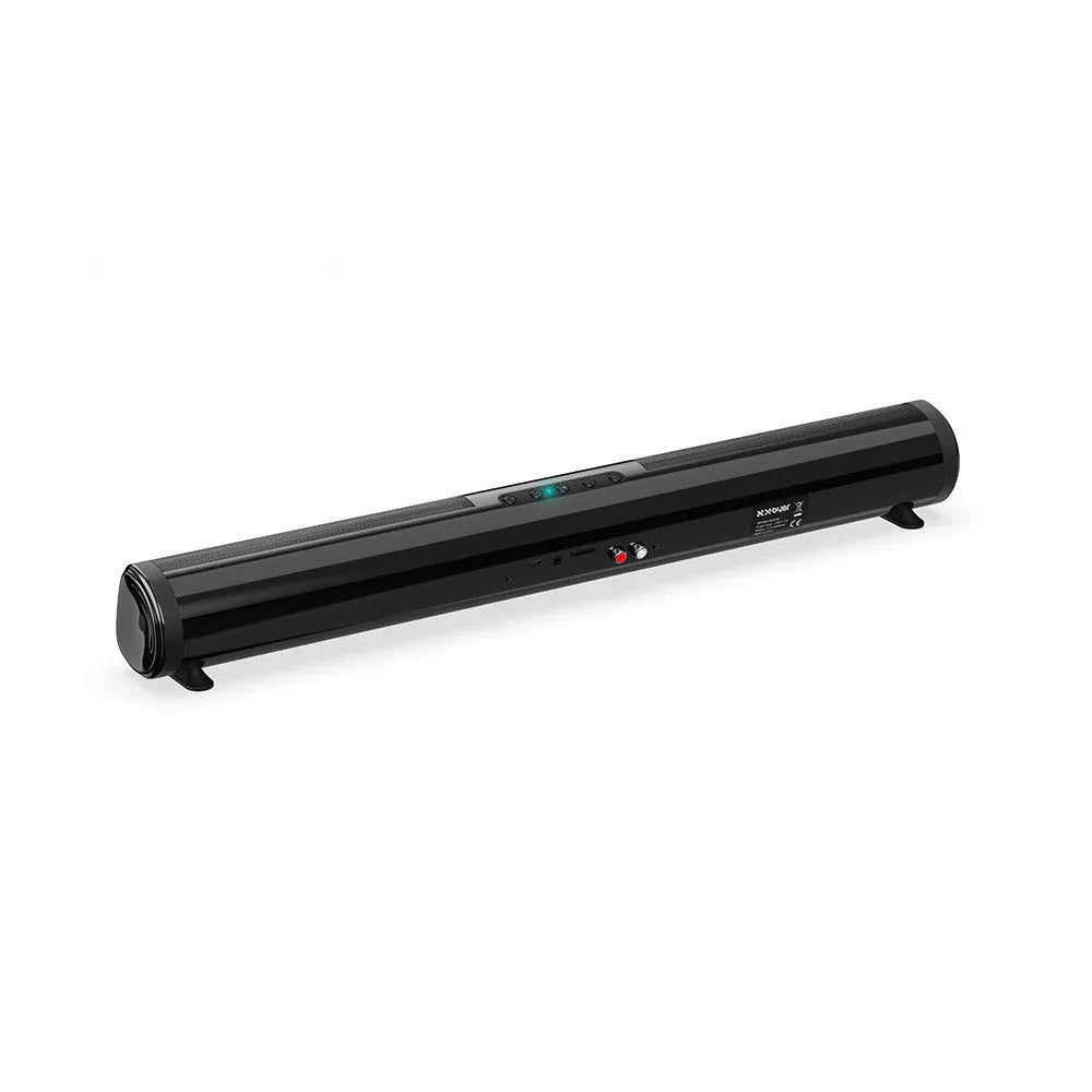 Black Bluetooth sound bar speaker measuring 58.5cm long with four speakers and button controls