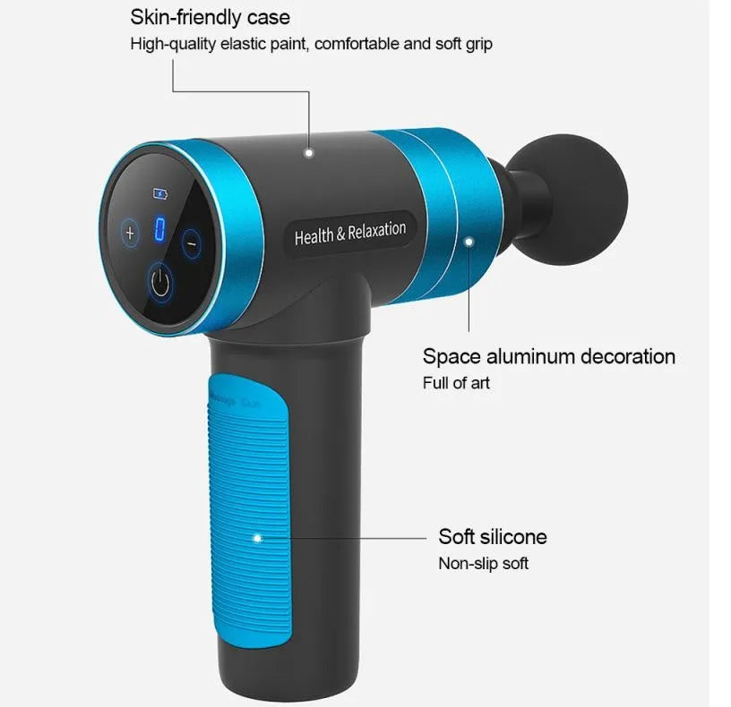 USB muscle massager in blue with space aluminium body, five speed control, and compact 225x185x60mm size