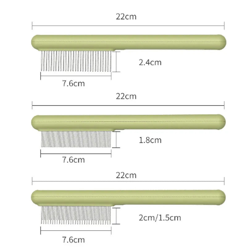 Green and white stainless steel cat combs with rounded teeth for gentle pet grooming