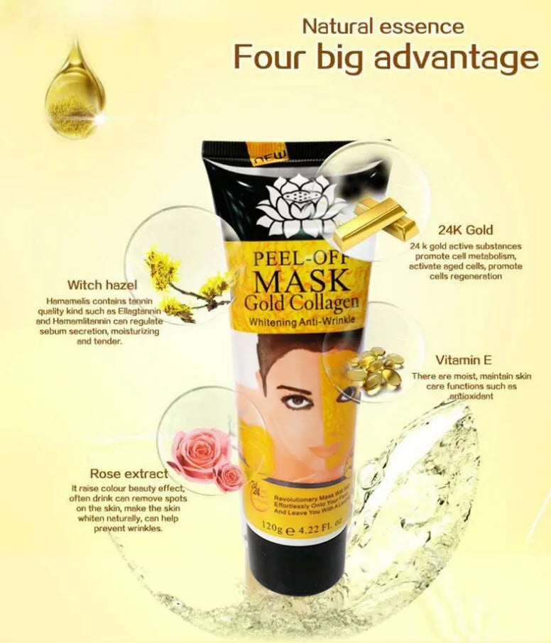 Gold Collagen Peel off Mask in a 120g container with mud formulation for anti-aging and acne treatment