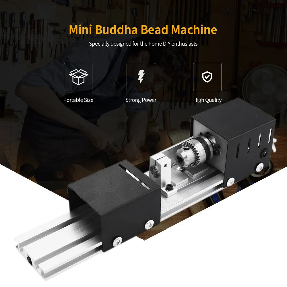 Compact silver metal mini woodworking lathe with tools for manual wood turning, showing scale.