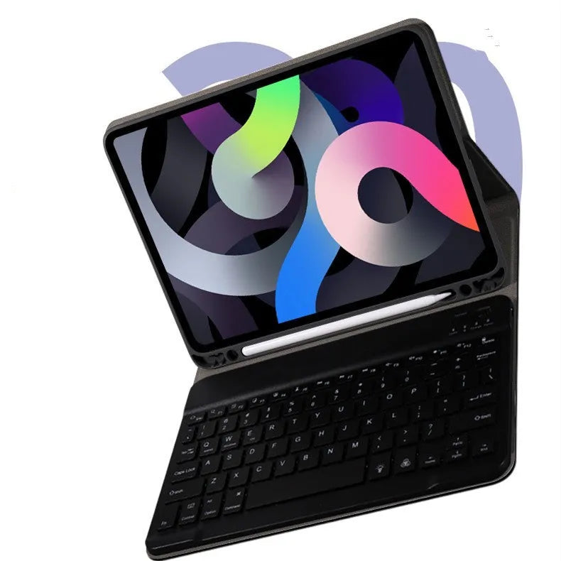 Wireless Bluetooth keyboard case with pen slot for iPad, imitation leather and silicone shell, colour backlit keys
