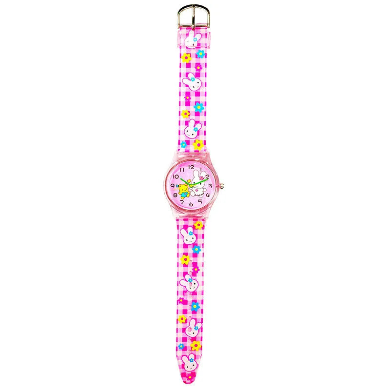 Cute girl quartz watch with animal print dial and pink PVC band on white background