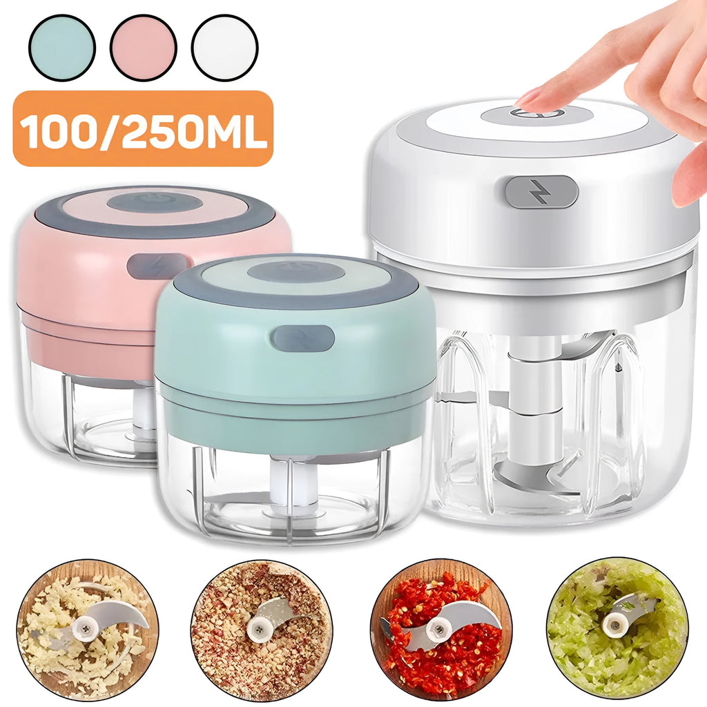 Mini electric garlic chopper with USB charging, stainless steel blade, and plastic cup