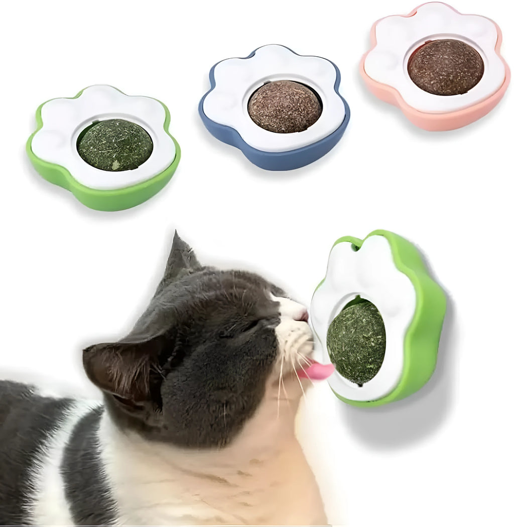 Blue, green, and pink catnip balls for dental cleaning measuring 45mm