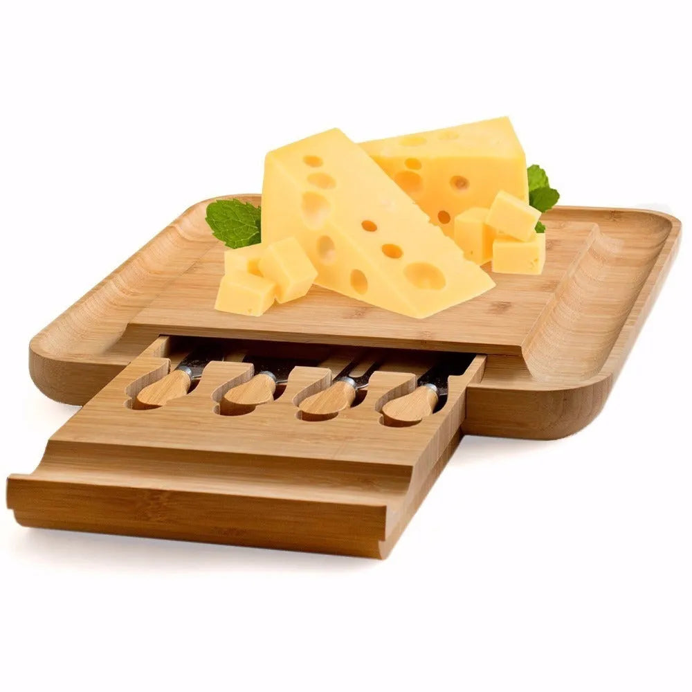 Square bamboo cutting board with knife drawer and natural wood colour finish