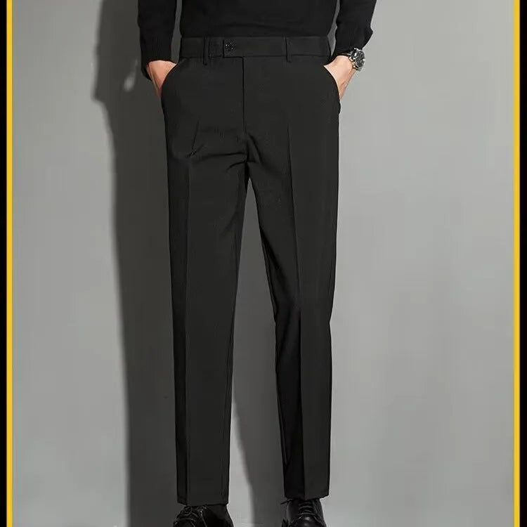 Men's straight cut ankle-length trousers in draping fabric showing apricot colour option