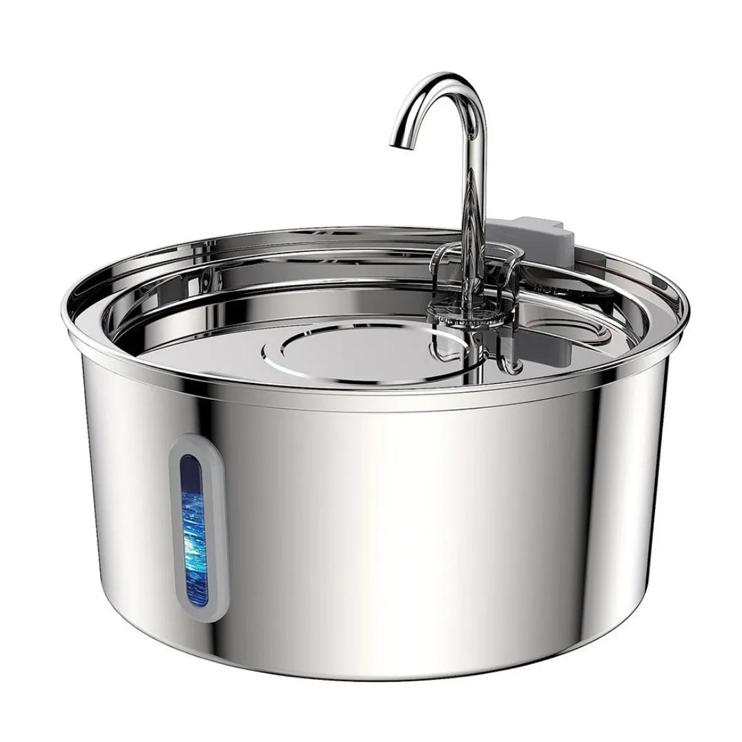 Stainless steel round pet water dispenser with large reservoir and selectable faucet attachment