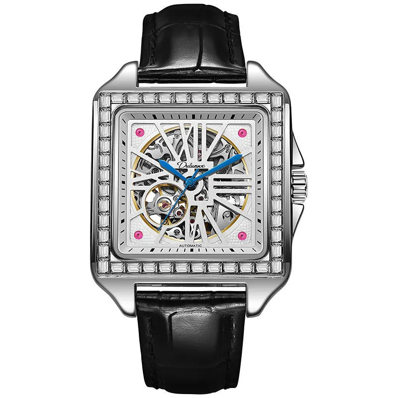 Square case automatic watch for men with diamond-studded bezel on a stainless steel bracelet