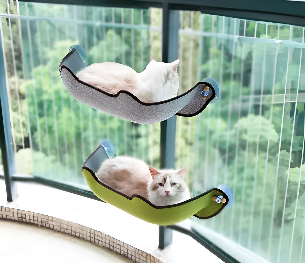 Grey felt cloth cat hammock fixed to a window with three suction cups, 59x22x13cm