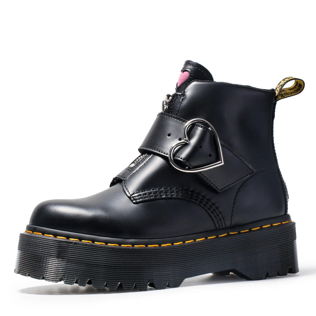 Women's black leather Martin ankle boots with side zipper, thick heel, belt buckle and waterproof platform