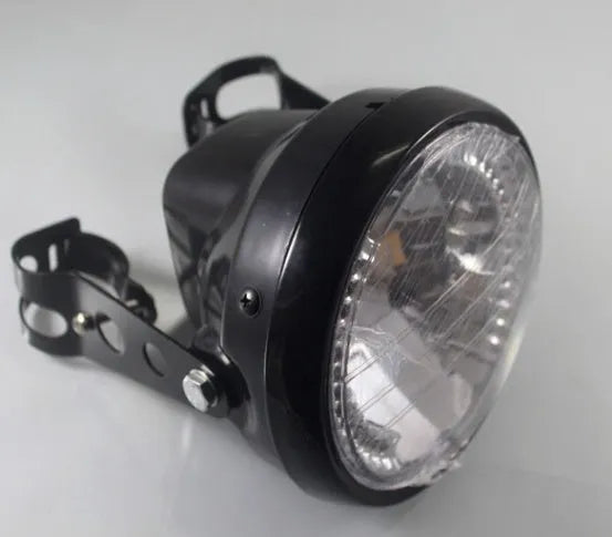 7-inch universal motorcycle headlight with integrated LED turn signals in black housing with black bracket
