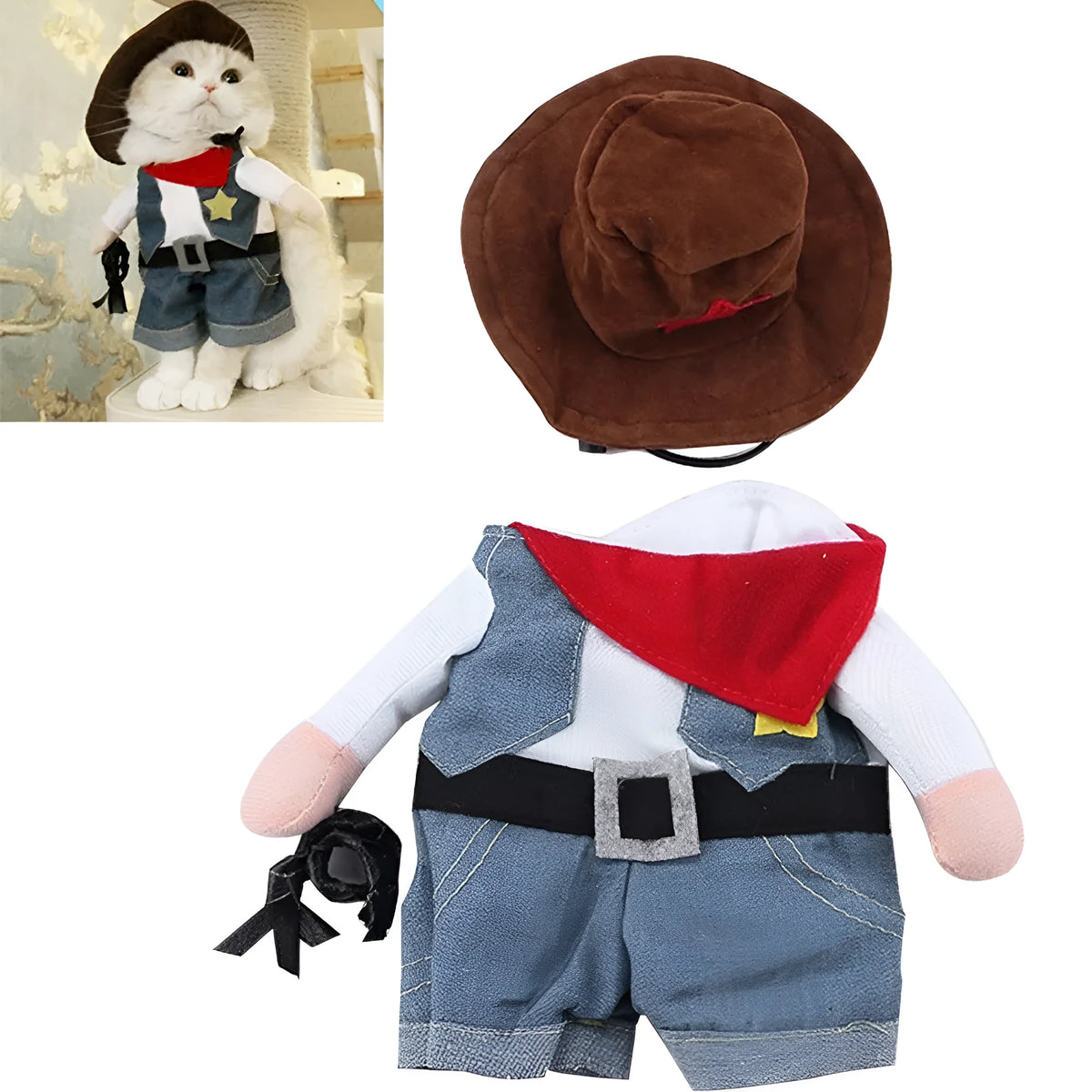 Dark blue pet denim cowboy costume with jacket and hat for cats and dogs, sizes S to XL.