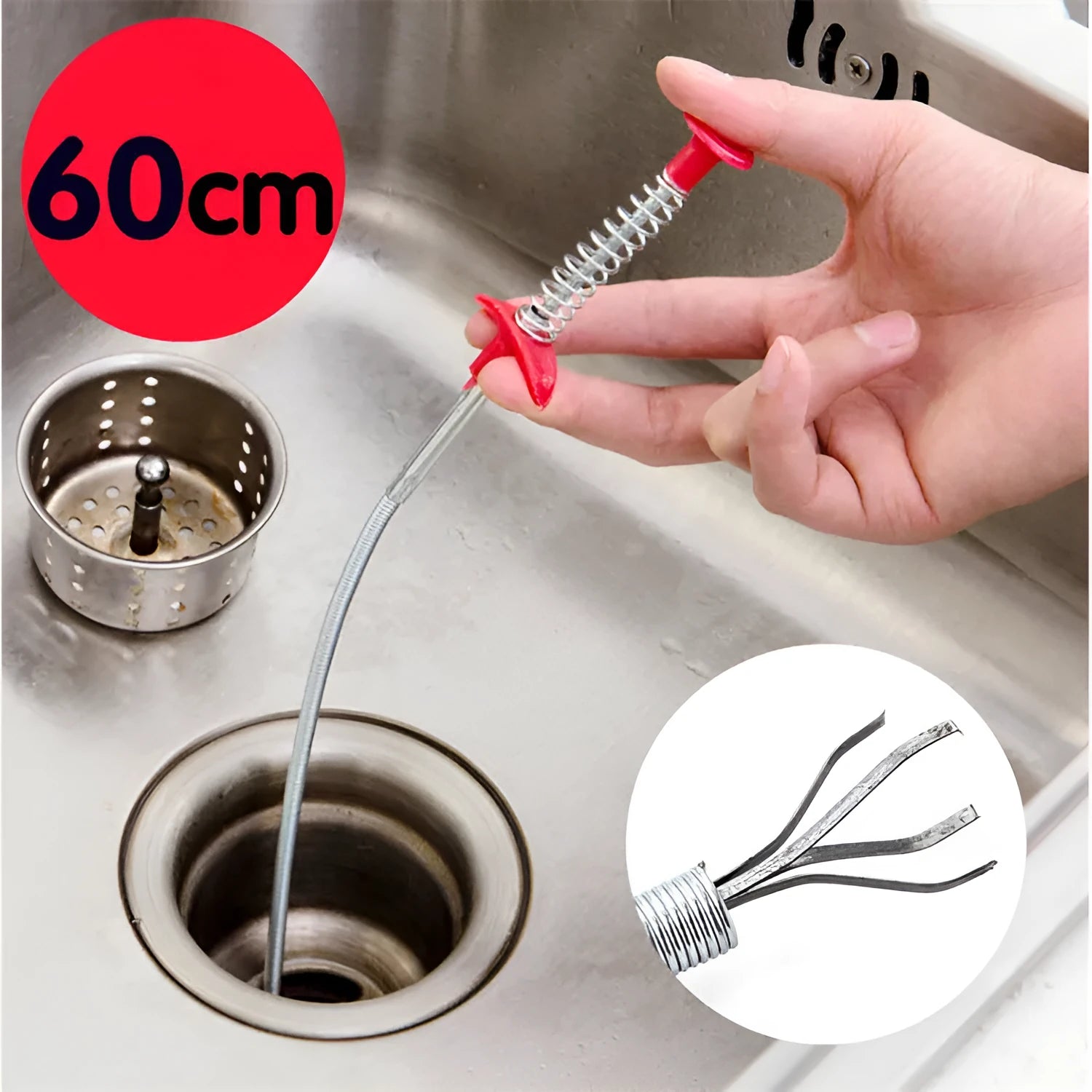 Black sewer dredge spring drain unclogging tool with PP handle next to a kitchen sink