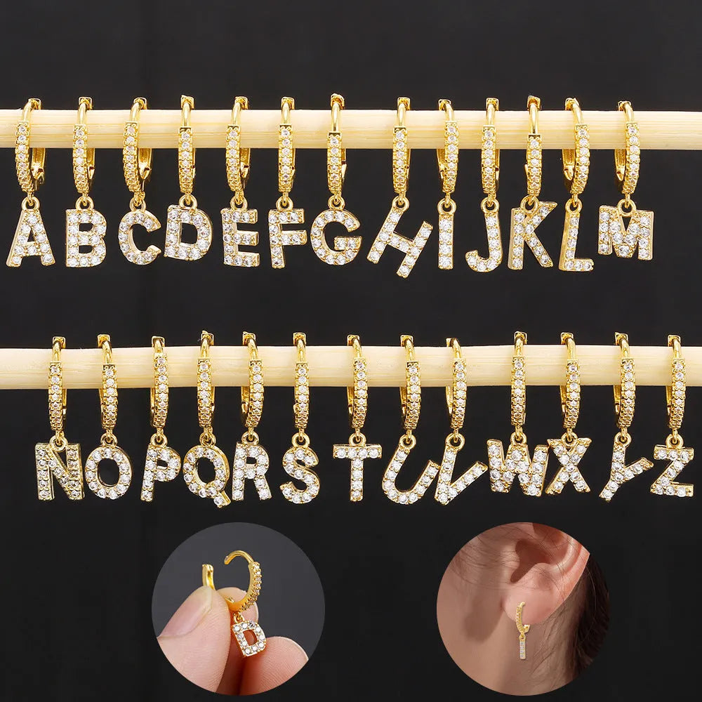 Gold plated copper letter stud earrings in A to Z styles for women, shown in Gold or Gold2pcs options