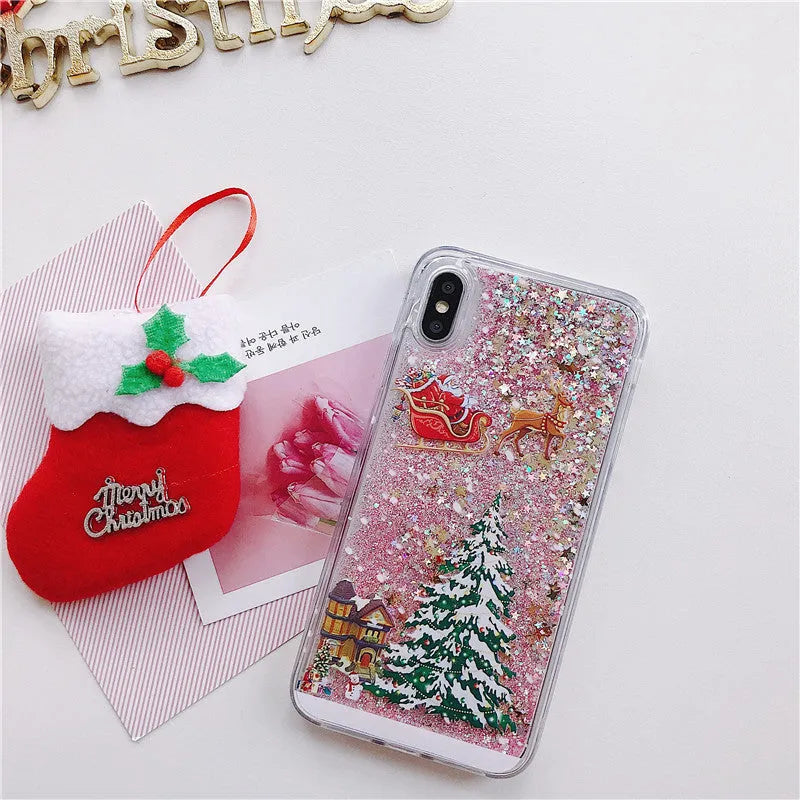 Christmas quicksand design iPhone case showing transparent double layer TPU and PC construction