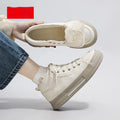 Beige canvas skate shoes with platform cross straps, artificial plush inner lining, low heel, round toe, unisex style