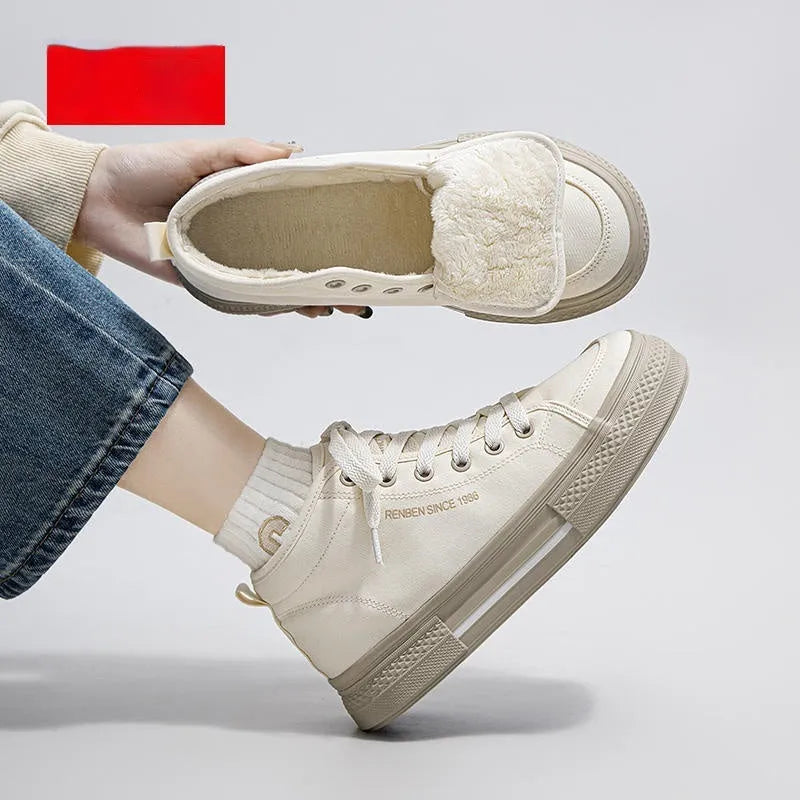 Beige canvas skate shoes with platform cross straps, artificial plush inner lining, low heel, round toe, unisex style
