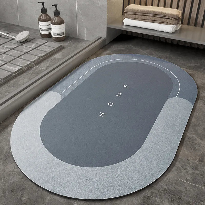 Blended fabric non-slip floor mat in oval and rectangular shapes on a bathroom floor.