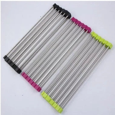 Folding stainless steel kitchen sink drain rack in red colour with multiple drainage tubes