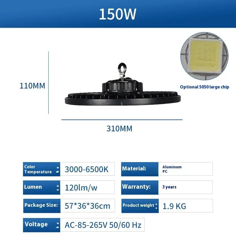 Waterproof UFO-shaped pendant lamp for industrial warehouse and factory lighting, white finish