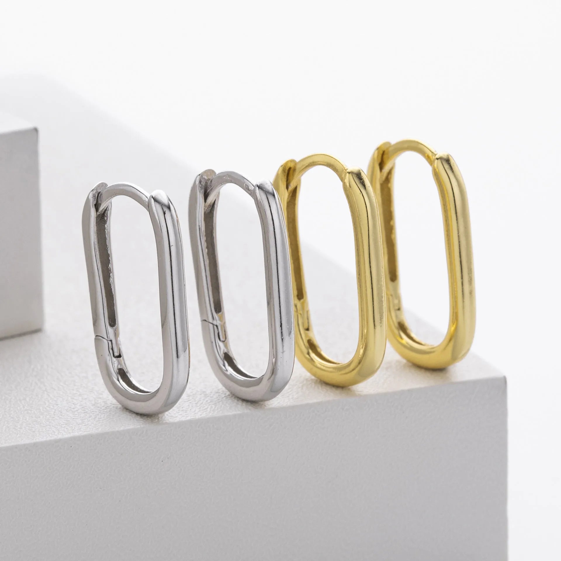 925 silver gold plated geometric earrings with oval and quadrilateral shapes
