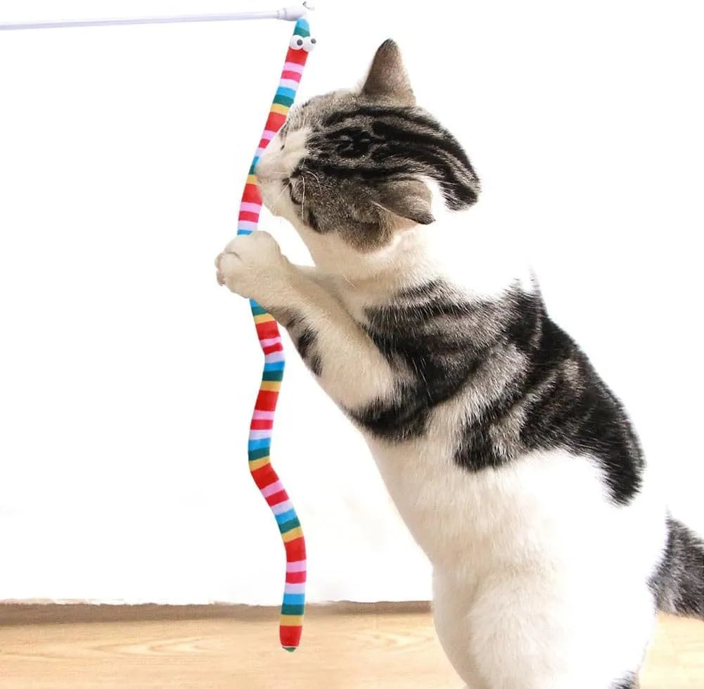 Cat wand toy with polycarbonate pole and long plush strip in vibrant colours