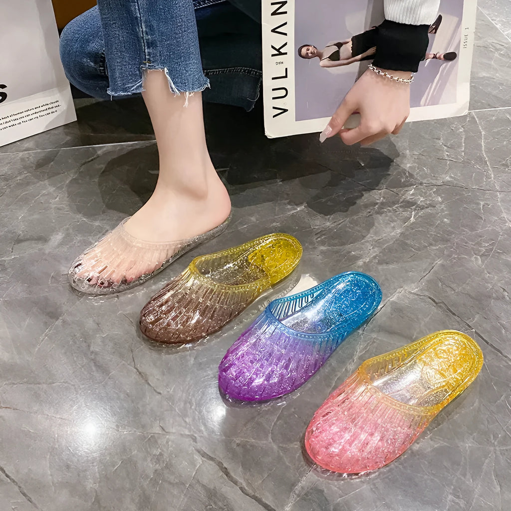 Fashion crystal women's toe-covered non-slip sandals with gradient colour finish, plastic upper and PVC sole, top view