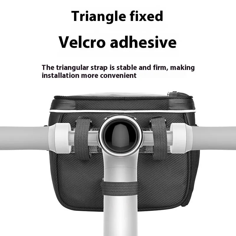 Black 7-inch polyester bicycle handlebar bag with mounting straps.