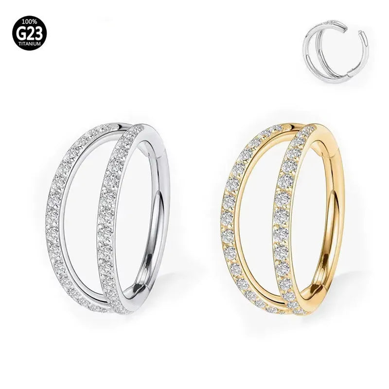 Close-up of a G23 titanium alloy lip ring with a diamond zircon finish in gold colour.