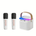 Bluetooth karaoke machine speaker with two wireless microphones and RGB light in pink, white, and blue models