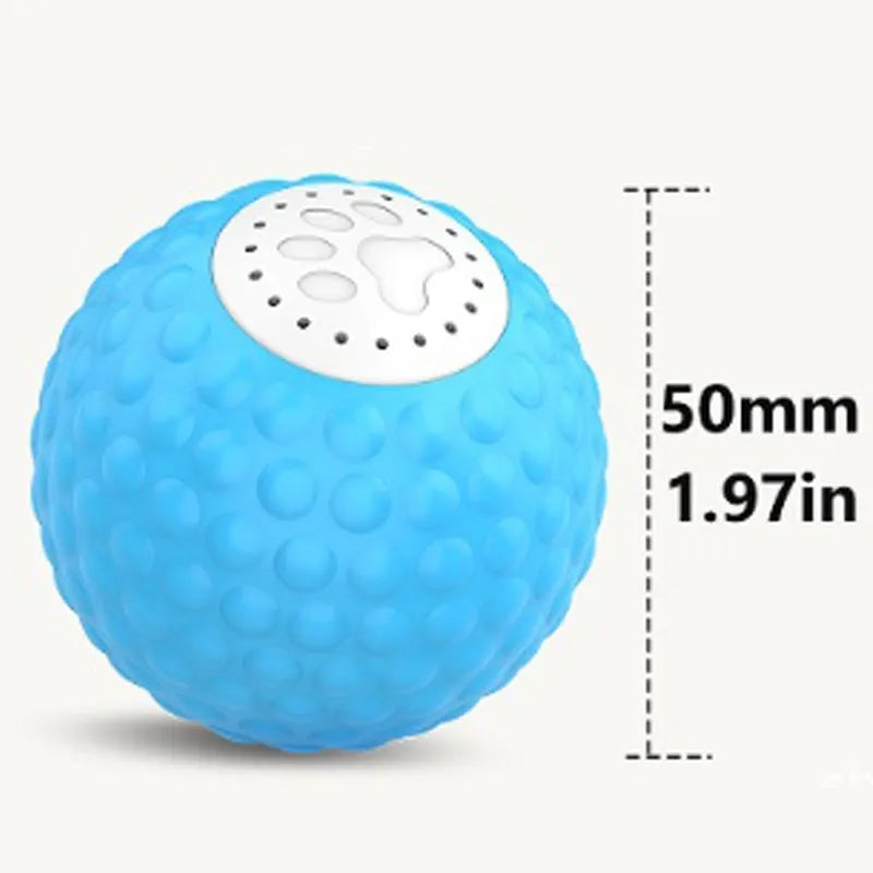 Blue electronic cat ball toy with remote control on a wooden floor.