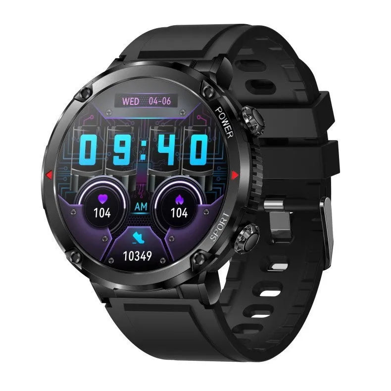Black T30 smart watch with a silicone strap on a wrist, showing the IPS touchscreen display.