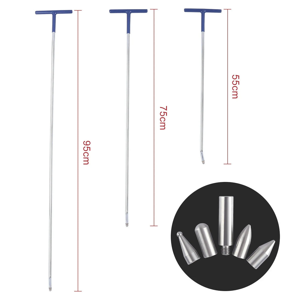 Three-piece alloy steel car dent repair tool set with a hook and crowbar on a workbench.