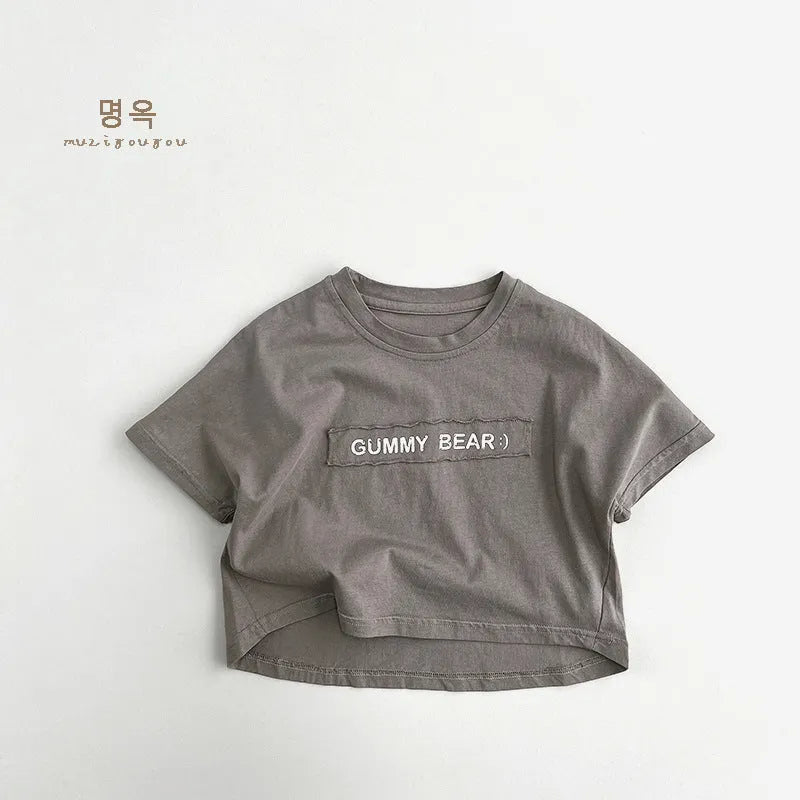 Children's short-sleeve cotton T-shirt in apricot and gray, loose casual fit, suitable for 80-130cm height kids