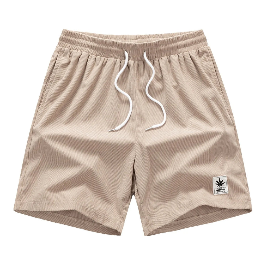 Man's drawstring waist summer shorts in blue, showing straight leg and casual fit