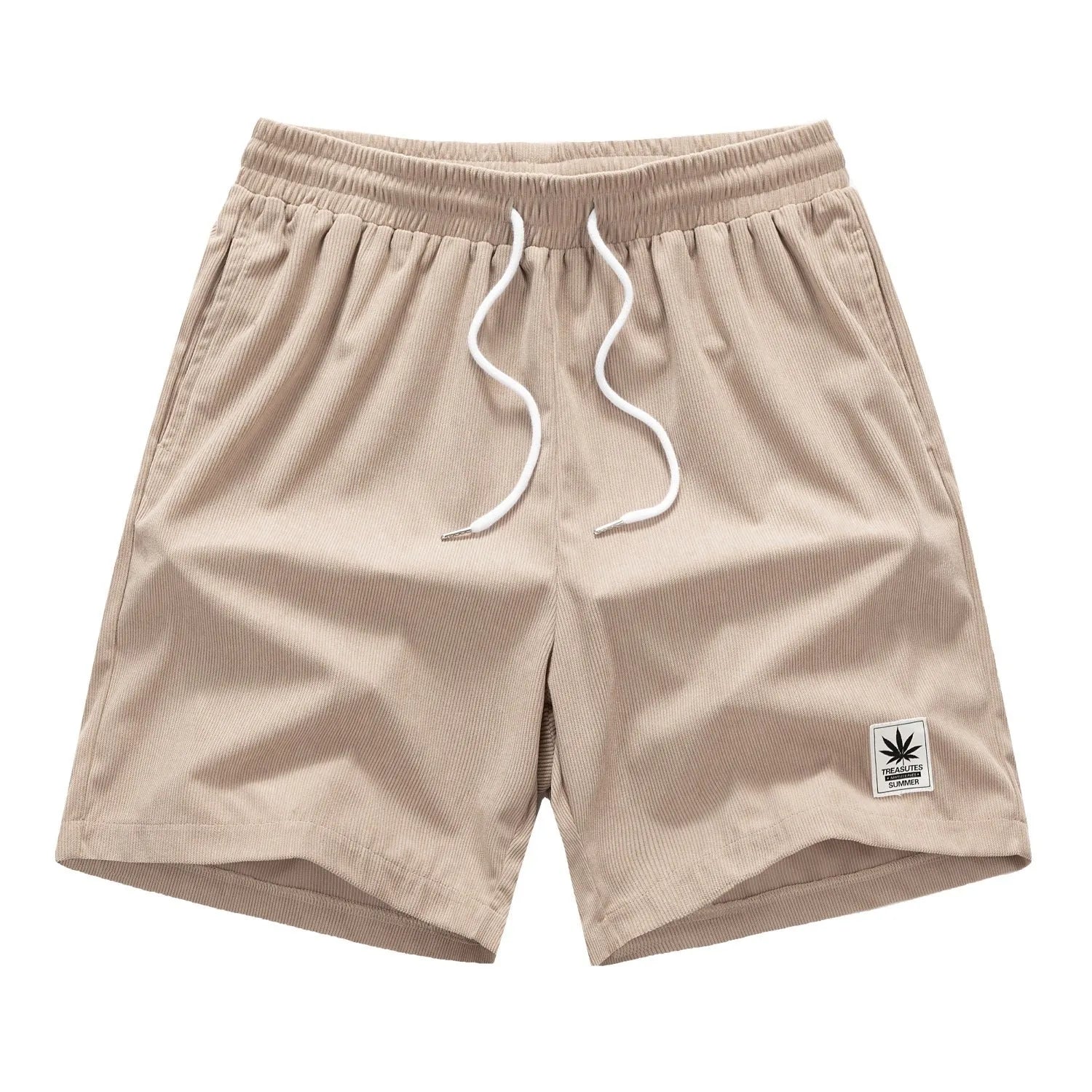 Man's drawstring waist summer shorts in blue, showing straight leg and casual fit
