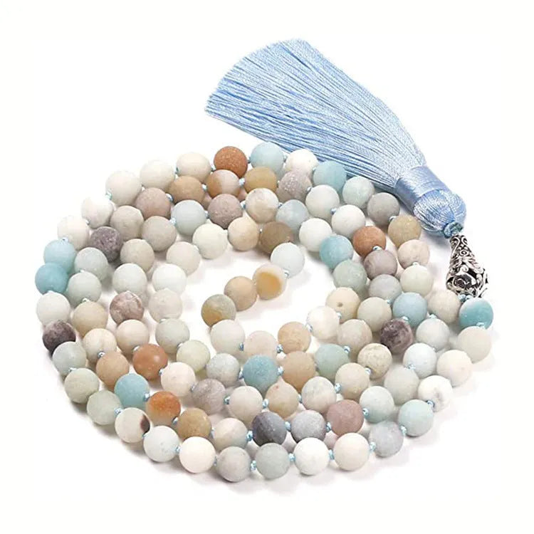 Agate tassel necklace with multiple stone colours including Indian agate, amethyst and blue grain stone on 95-100cm length
