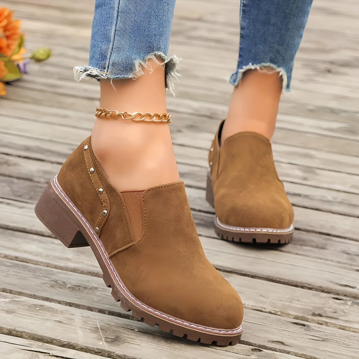 Plus size women's suede ankle boots black low heel round toe elastic band side detail