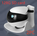 White smart home mobile surveillance robot camera on a docking station.