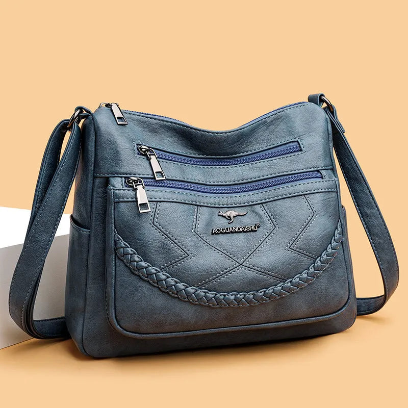 Soft PU leather women's shoulder bag in horizontal square shape with large capacity.